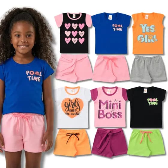 Kit 4 Conjuntos Sortidos Feminino Roupa Bebê Infantil - Blusa Manga Curta + Short Menina Verão