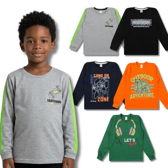 Kit Camiseta Manga Longa Sortido Masculino Juvenil - Menino Inverno Blusa Manga Comprida