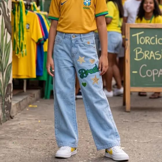 Calça Jeans Wide Leg Baggy Infantil e Juvenil Copa 2026 BRASIL Menina Feminina - Regulagem Interna - Tamanhos 4 ao 16