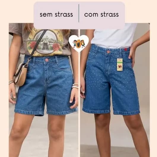 Short Bermuda Largo Feminino Strass Brilho Criança e Adolescente Menina 4 ao 16 Regulagem Interna