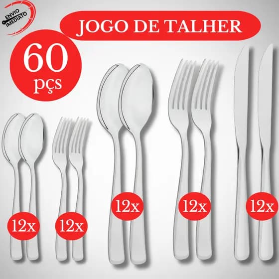 Kit 120 / 60 Peças Enxoval Completo Jogo Talher Cozinha Garfo Faca Colher Casa Restaurante Pizzaria