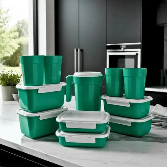 Kit Completo Cozinha 11 Peças Plástico Tampa Branca Reutilizável Potes Copos e Jarra