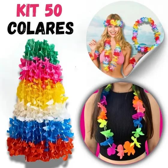 Kit 50 Colares Havaianos Flores Coloridas para Carnaval e Festas