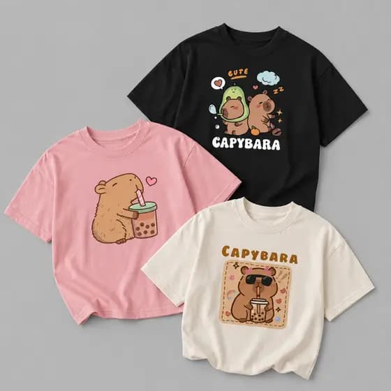 Kit 3 Camisetas Menina Capivara Cute 100% Algodão Estilosa Escola Infantil Casual Estampada