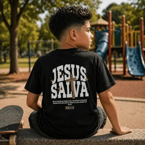 Camiseta Infantil Juvenil Adolescente Jesus Salva Cristão Igreja Fé Blusa Algodão Premium