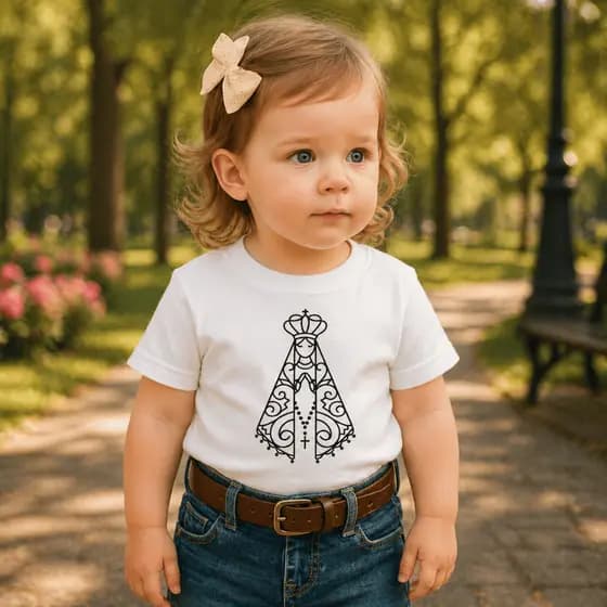 Camiseta 100%Algodão Feminina Country Estampa Nossa Senhora Aparecida Minimalista Fine Line Católica