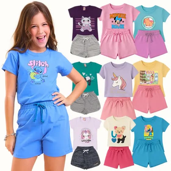 Kit Sortido 6 Peças Roupa Infantil Menina Camiseta Short Conjunto Infantil menina Verão Feminino
