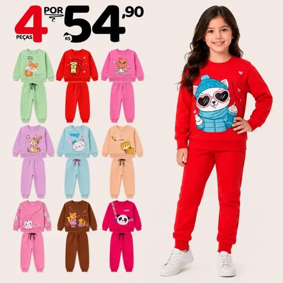 Kit Sortido 4 Peças de Roupas Feminino Infantil Inverno – 2 blusas casacos + 2 calças de 1 ao 10