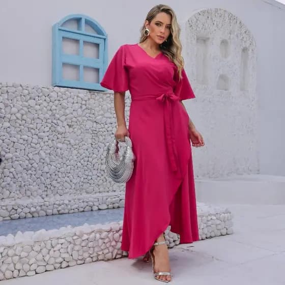 Vestido Feminino Evangelico longo Transpassado Com Forro Manga Curta