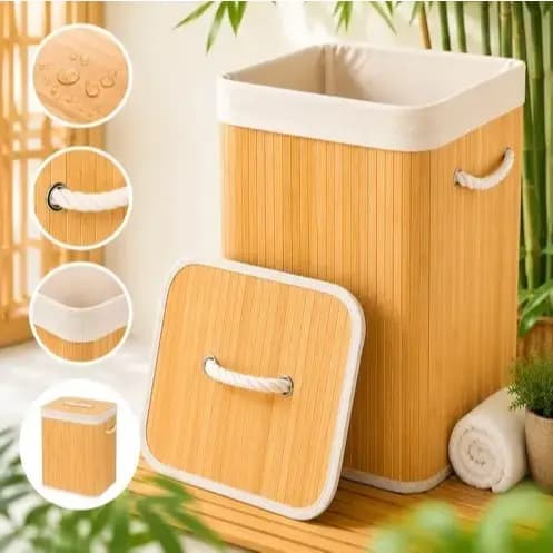 Cesto De Roupa Bambu Dobrável 50 Litros Lavanderia Banheiro Quadrado