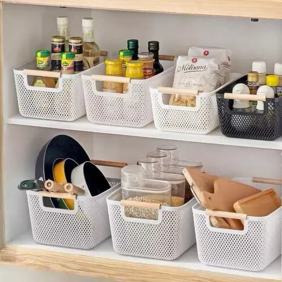 Cesto plástico Organizador Para Frutas Telado Retangular Branco preto Fruteira Com Alça De Madeira multiuso