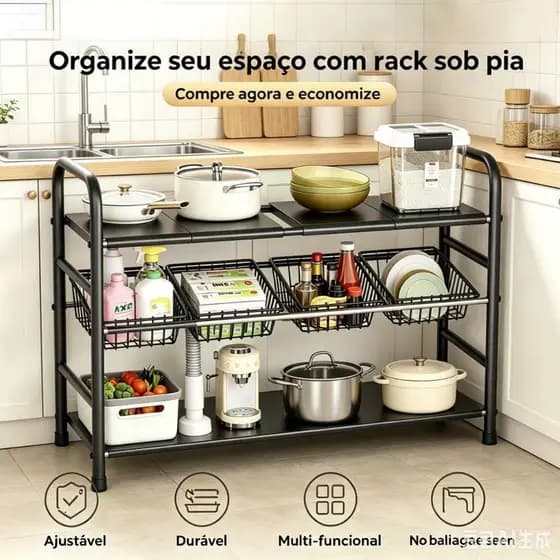 Prateleira multifuncional para pia de cozinha design em camadas suporte para panelas diversos modelos para organizar ute