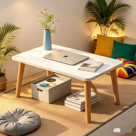 Mesa Baixa Branca com Pés de Madeira, Ideal para Notebook, Estudos e Café no Quarto, Sala ou Tatame