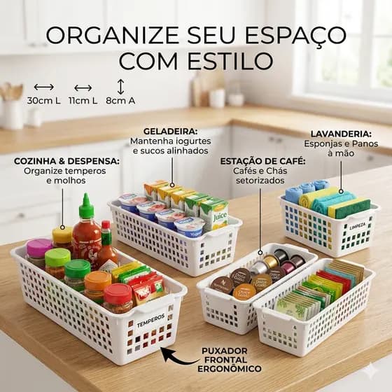 Cesto Organizador - Kit 2 Unidades Organizador de Geladeira e Lavanderia Slim Branco