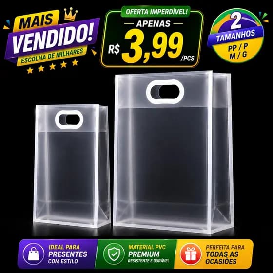 Sacola De presente aniversário PP Transparente Borda Colorida 3 Cores Batizado Natal Festa Lembrancinha Doces Cosmétic