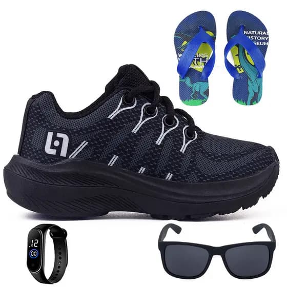 Kit para Meninos Infantil: Tênis Básico e Estiloso Preto + Chinelo + Relógio e Óculos