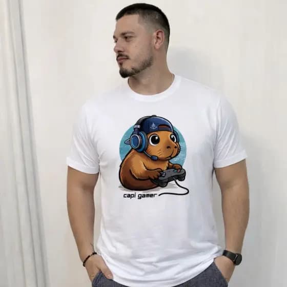 Camiseta Unissex Streetwear Estampa Capivara Gamer Video Game Malha 30.1 Premium Feminina Masculina