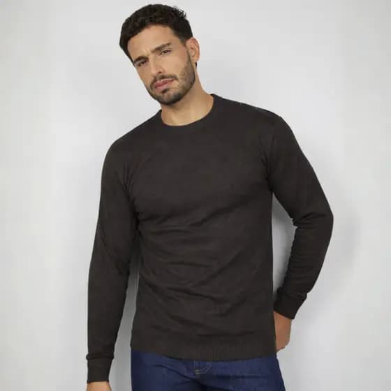 Blusa Masculina Suéter Blusa de Fio Gola Redonda Punho e Barra Canelada Manga Longa Casaco
