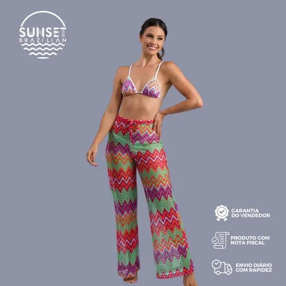 Calça Pantalona Feminina em Crochê Saída de Praia com Amarração no Cós e Ponteiras Douradas