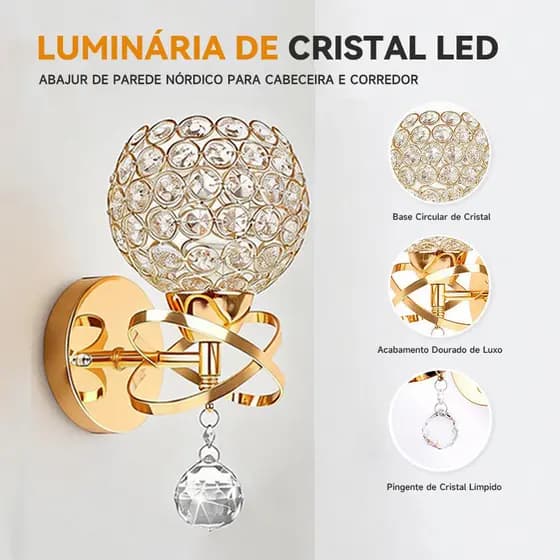💎💡Kit 2/4/8 Arandela Dourada Moderna de Cristal – Luz para Quarto, Sala, Corredor – Decoração Elegante para Parede