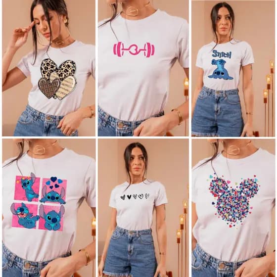 Blusa Feminina Brancas Diversas Estampa Baby Look Varias Estampas Camiseta Feminina T-shirt 100% Algodão Promoção