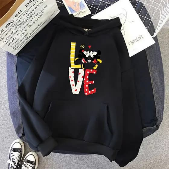 Moletom Blusa De Frio Feminina Mickey E Minnie Love Lançamento 2025 Bolso Canguru Com Capuz Flanelado 100% Algodão