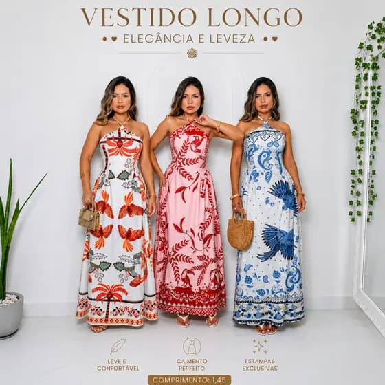 Vestido Longo Feminino Gola Halter Estampado Elegante Leve Moda Verão 2026