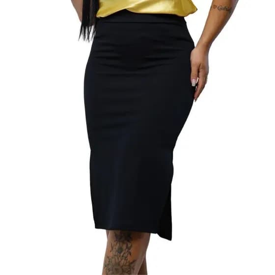 Saia Midi Feminina Cós Alto com Fenda Lateral c/ Elastano Premium Moda Fashion