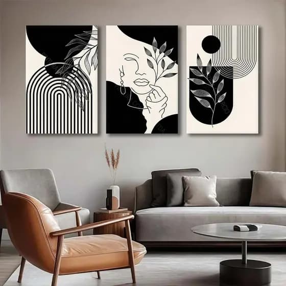 Kit 3 Quadros Decorativos Geometrico Abstrato Linhas Femininas Preto E Branco Decoracao Para Sala E Quarto