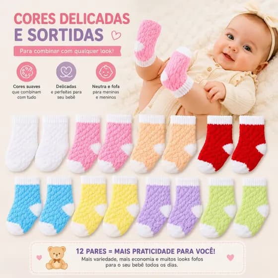 Kit 12 Pares Meias Bebê Recém Nascido RN (0 a 12 Meses) Menino Menina Masculino Feminino Infantil (03 e 06 Pares)