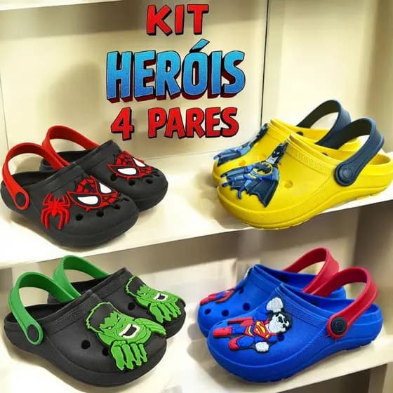 KIT 4 PARES DE BABUCHE HEROIS INFANTIL PARA MENINOS