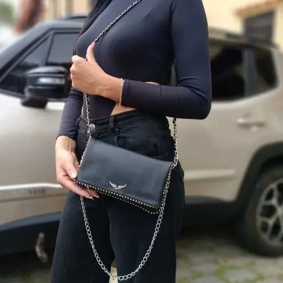 Bolsa Clutch Zadig & Inspired - Rock Chic com Asas prateadas e Corrente prateado