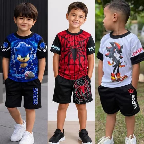 Conjunto Infantil Menino Homem Aranha e Sonic Roupa Personagens Estiloso Verão 2 ao 12 anos