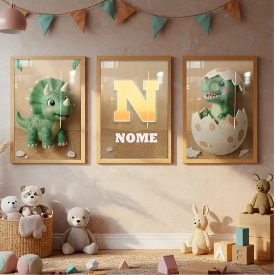 Painel De Quadros Decorativos Infantil Menino Dinossauro Verde Dourado Nome Personalizado