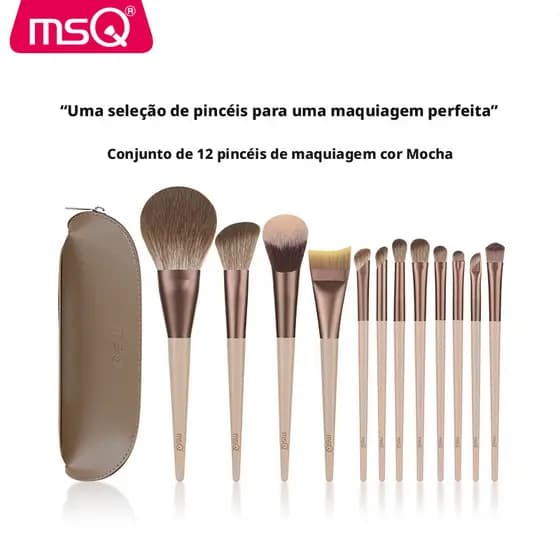 MSQ Conjunto 12 Pincéis Cor Mocha com Cerdas Suaves e Cabo de Resina, Conjunto de Maquiagem Indicado para Iniciantes