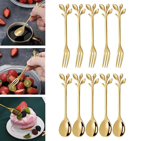 Conjunto criativo de colheres e garfos em aço inoxidável, talheres dourados, talheres de sobremesa, ideais para café
