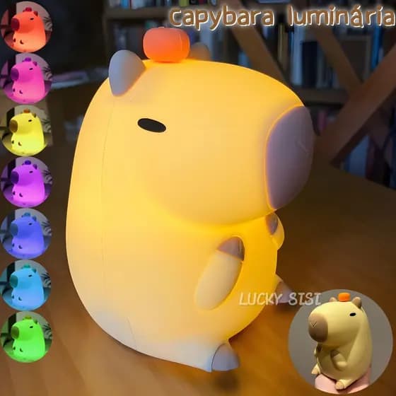 Luminaria Abajur de Silicone Capivara Capybara Recarregavel Luz Led Muda Cor Luz Colorida Iluminaria