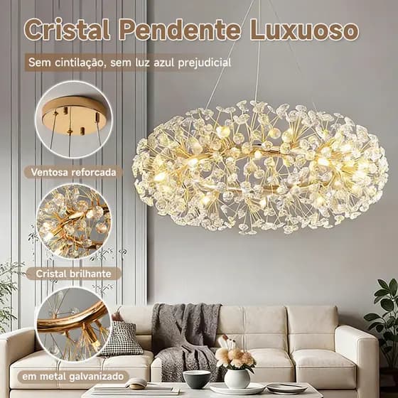 Lustre de cristal dente-de-leão, luz quente 3000K, bivolt 110-220V, 12 lâmpadas inclusas