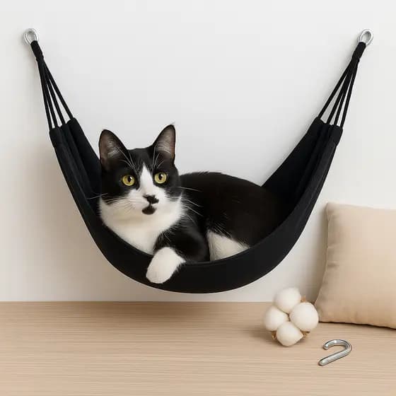 Rede de Descanso para Gatos e Pets Pequenos | Algodão Lavável e Portátil - Preto Fios e Redes