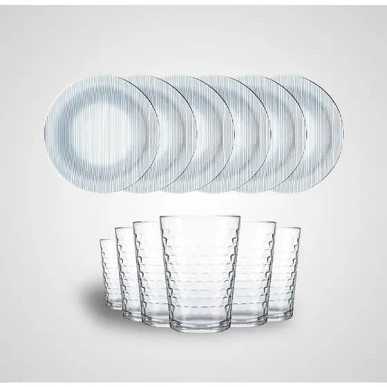 Kit Jogo 6 Pratos Fundos Cristal e 6 Copos Batuque de Vidro Transparente 265ml