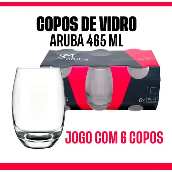 Conjunto 6 Copos de Vidro Nadir Aruba 465ml. Drinks, Sucos, Água, Refrigerante, Batida, Cerveja.