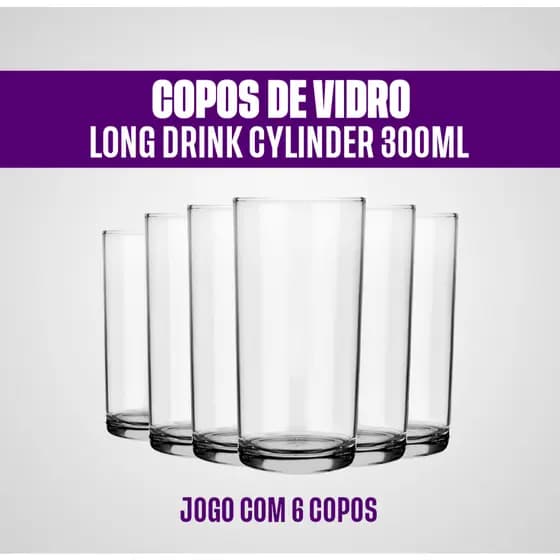 Jogo De 6 Copo Nadir Long Drink 300ml de Vidro Resistente, Sucos, Água, Cerveja, Festa, Restaurante