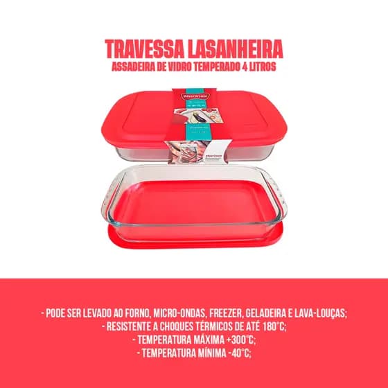 Travessa Assadeira Lasanheira Marinex De Vidro Com Tampa Plástica 4L Nadir Figueiredo Lasanha Forno