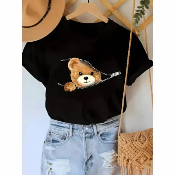 Camiseta Feminina Urso Fofo T-shirt 100% Algodão Qualidade Premium
