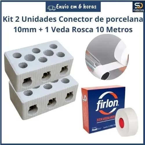 Kit 2 Conector De Porcelana Para Fios Chuveiro Ducha 6mm 10mm 3 Polos + 1 Veda Rosca 10 Metros