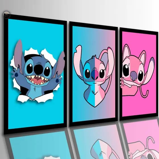 Quadros Decorativos Interativo Lillo Stitch Angel Desenho Infantil 3 Peças