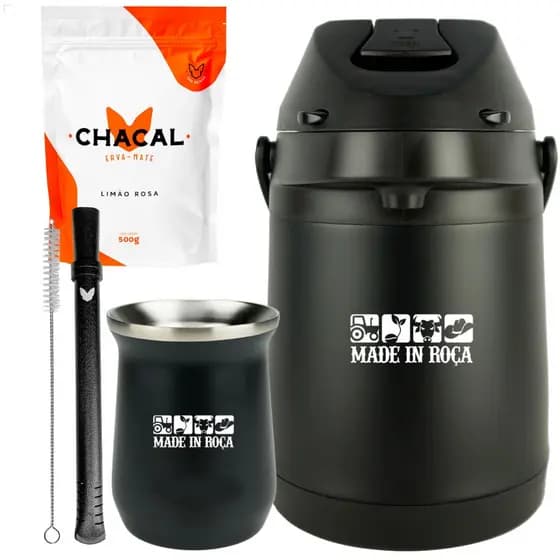 Kit Terere Chacal Garrafa Preto E Cuia Térmica Preto 236ml Personalizado Made in Roça II
