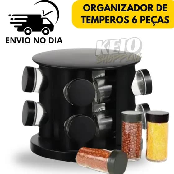 Porta Condimentos Tempero Giratório 6 Potes Vidro Resistente Tampa Dosadora Organizador De Temperos