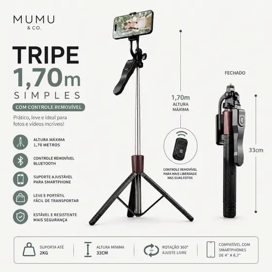 Tripé Suporte Celular 360 Profissional Bastão Selfie 1,6m + Controle Bluetooth Sem Fio Reforçado
