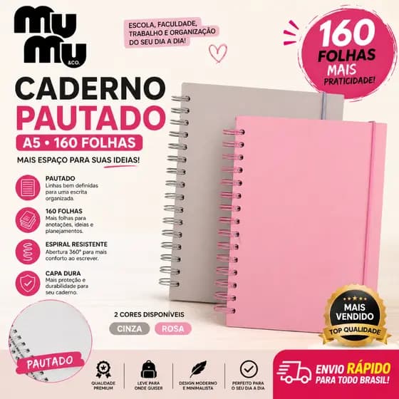 Caderno Espiral Capa Dura A5 Pautado Couchê 160 Folhas com Elástico